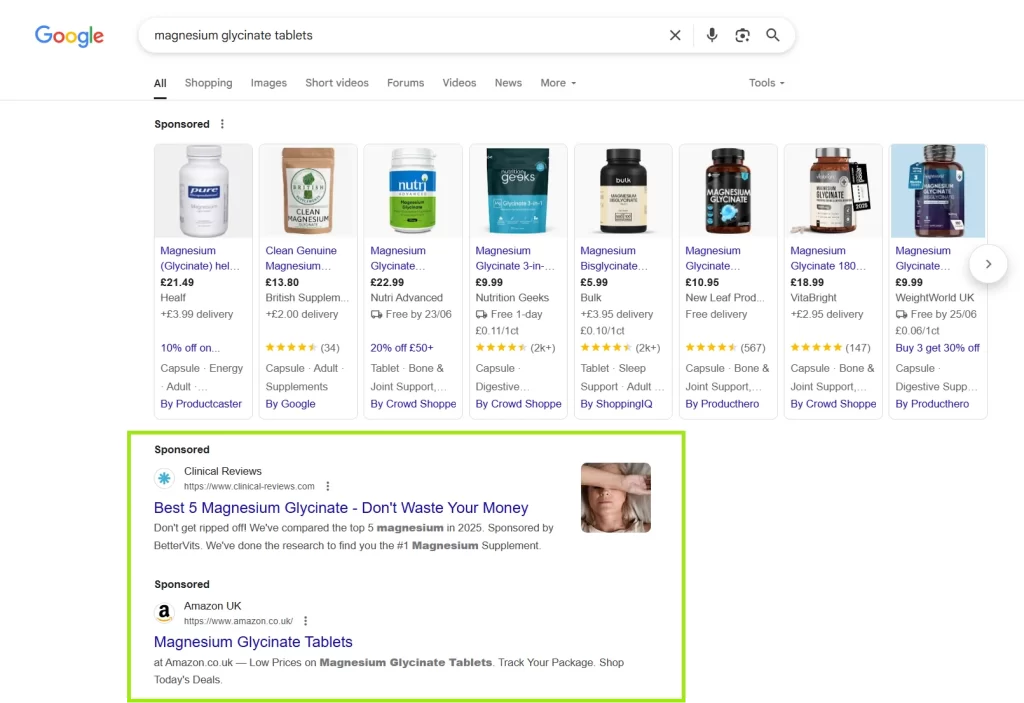 google text ads results for magensium glycinate